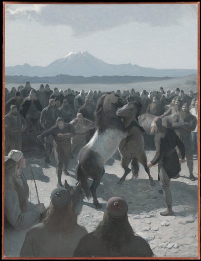Hästkampen vid Hlíðarendi. Illustration till Njáls saga, kap. 59 av August Malmström