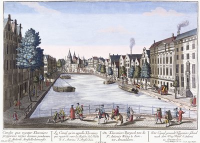 Vue av Kleveniers Canal, Amsterdam, ca 1740-1770 (handfärgad gravyr) av August Vindel