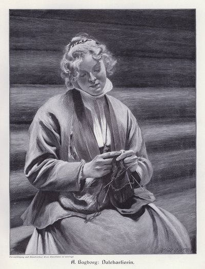 Porträtt av en kvinna som stickar (gravyr) av August Wilhelm Nikolaus Hagborg