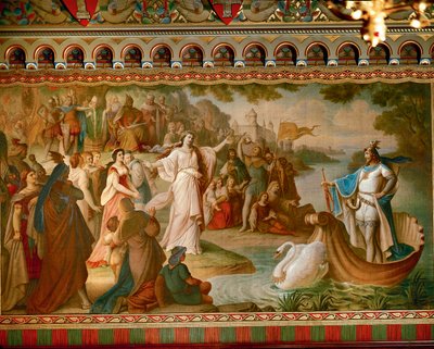 Ankomsten av Lohengrin till Antwerpen, från Lohengrin Saga, Salon, ca 1882-83 (olja på duk) (se även 419255) av August von Heckel
