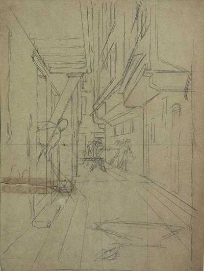 Perspektivskiss för "Street Fight in a Venetian Alley" av August von Pettenkofen