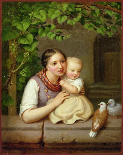 Mamma med barn och två duvor (olja på koppar) av August von der Embde