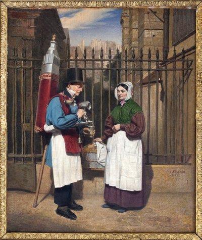 Kokosnötshandlaren (uppfriskande dryck smaksatt med lakrits) och dess pittoreska fontän var bland de välbekanta figurerna på den parisiska gatan under 1800- och början av 1900-talet. Målning av Augusta Le Baron Desves (1804-?), olja på duk av Augusta Le Baron Desves