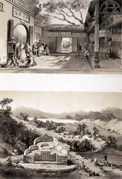 Interiör av det stora templet i Macao och en grav och by mellan vikarna Hongkong och Cowloon, planscherna 8 och 7 från "Sketches of China", graverad av Eugene Ciceri (1813-90) 1842 (tonad litografi) av Auguste (after) Borget