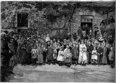 Victor Hugo (1802-1885) med de fattiga barnen i Veules en Caux (Veules-en-Caux) som han bjöd på en bankett till den 24 september 1882. Gravyr av Gerardin i "" Le Monde Illustré"" nr 1333 av 14 oktober 1882. av Auguste (after) Gerardin