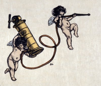 Glädjen med clystere. Två änglar bär en pump för lavemang. Illustration av Auguste Leroux (1871-1954) av Auguste (after) Leroux