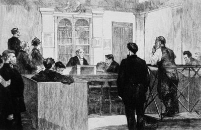 Bow Street Police Court Hall i London 1884 (gravyr) av Auguste Andre Lancon