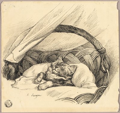 Sovande katt i korg av Auguste Andre Lancon