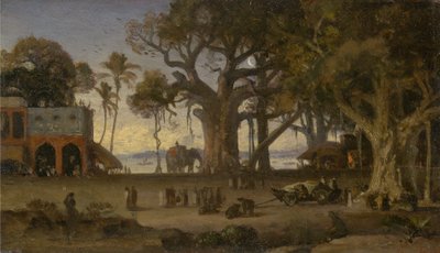 Månbelyst scen med indiska figurer och elefanter bland Banyanträd, Övre Indien (förmodligen Lucknow) av Auguste Borget