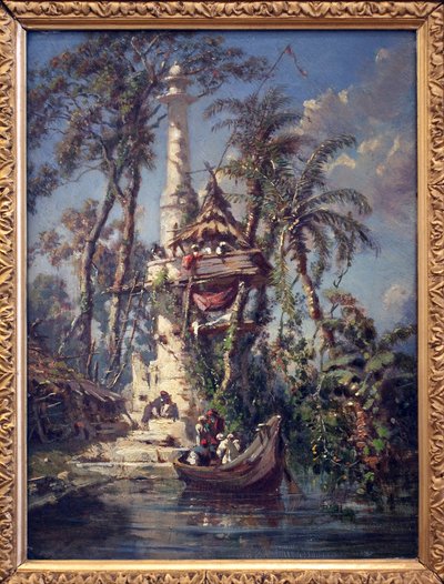 Observatorium vid floden Hooglyflodens strand (Bengal, Indien). Målning av Auguste Borget (1808-1877), olja på mahogny av Auguste Borget