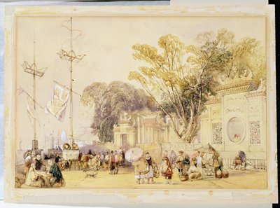 Village Square i Hongkongbukten, platta 5 från "Sketches of China", graverad av Eugene Ciceri (1813-90) 1842 (tonad litografi) av Auguste Borget