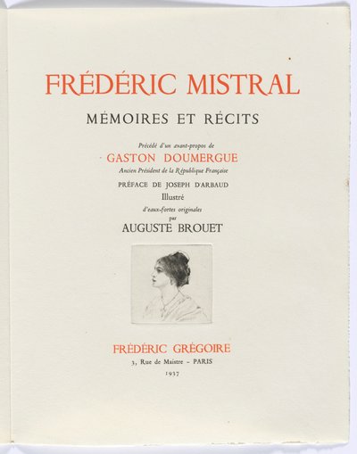 Frédéric Mistral: Mémoires et Recits av Frédéric Mistral: titelsida, byst av kvinna i profil av Auguste Brouet