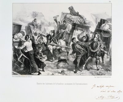 Invånare i förorterna anländer till Paris innan preussarna belägrade staden, 1870 1872 av Auguste Bry