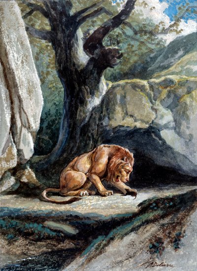 Illustration av fabeln "Lejonet och råttan"" av Jean de La Fontaine. Akvarell av Auguste Delierre (1829-c.1890) av Auguste Delierre