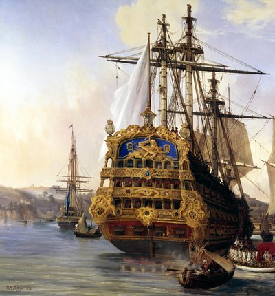 Skeppet "le foudroyant" i hamnen i Brest 1724"" Detalj. målning av Auguste Mayer (1805-1890) 1724 Brest, Museum of Fine Arts - Skeppet "" Le Foudroyant""" i Brests hamn av Auguste Etienne Francois Mayer