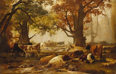 Boskap i ett skogsbevuxet flodlandskap, av Auguste Francois Bonheur