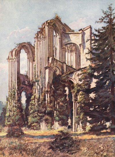 Frankrike: Saint-Wandrille Abbey (färglitografi) av Auguste Gerardin