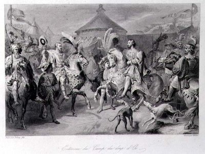 Mötet på guldtygets fält, 24 juni 1520, graverat av Millin (gravyr) av Auguste Hyacinthe (after) Debay