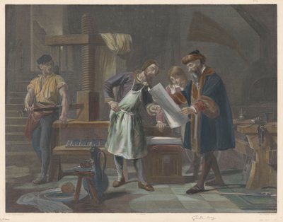 Interiör av Johannes Gutenbergs tryckeri av Auguste Ledoux