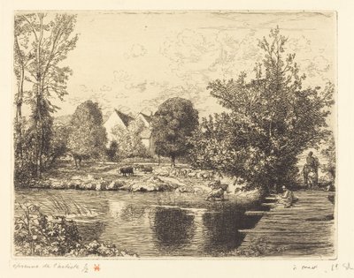 Gammal gångbro, Banks of the Small Morin (Vieille passerelle, bords du petit morin) av Auguste Lepere