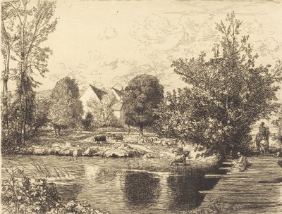 Gammal gångbro, Banks of the Small Morin Vieille passerelle, bords du petit morin, 1915. av Auguste Lepere