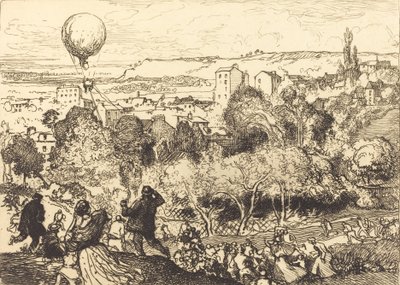 Den fallande ballongen, i Pre-Saint-Gervais Lebaloon qui grav, vid Pre-Saint-Gervais, 1910. av Auguste Lepere