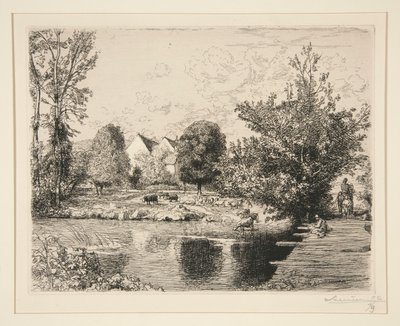 Vieille passerelle, bords du petit Morin (Gammal gångbro, Banks of the Small Morin) av Auguste Lepere