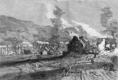 Utsikt över ruinerna av Quebec City (Kanada) efter branden i juni 1881. Gravyr av Lepere i "" The Illustrous World"" nr 1267 den 9 juli av Auguste Lepere
