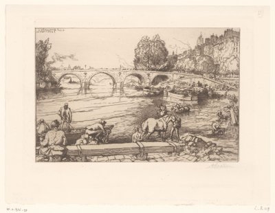 Vy över Pont Marie med figurer i Seine L