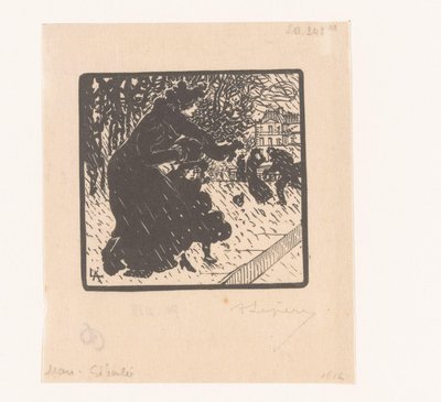 Kvinna och barn i en regnskur Giboulées i Luxemburg Mars Giboulée (titel på objekt) Januari, februari och mars 1894 (serietitel) Janvier, Février et Mars 1894 (serietitel) av Auguste Lepère (signed by artist)