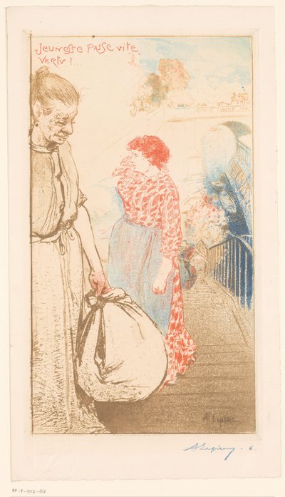 Tvättkvinnor på en trappa längs Seine Jeunesse passe vite vertu! (titel på objekt) av Auguste Lepère (signed by artist)