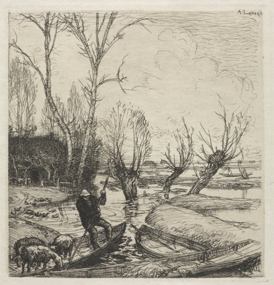 [Man i en båt med tre får] av Auguste Louis Lepère