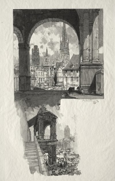 Illustrerad Rouen: Place de la Haute Vieille Tour; Aedicule of Pride av Auguste Louis Lepère