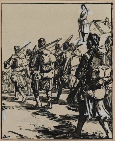 Battle of the Borders: Grupp brittiska soldater av Auguste Louis Lepère