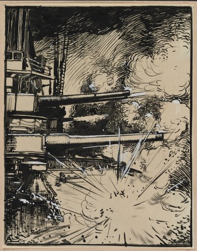 Bomb exploderar på en kuras med kanoner riktade, 1914. av Auguste Louis Lepère