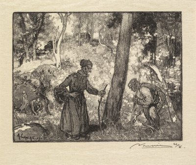 Fontainebleau Forest: Svampjägare vid Rocher Bernard La Forêt de Fontainebleau..., 1890. av Auguste Louis Lepère