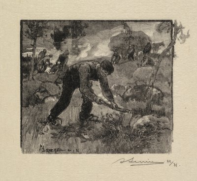 Fontainebleau-skogen: Dra ljungen La Forêt de Fontainebleau: Arracheurs de Bruyères, 1890. av Auguste Louis Lepère