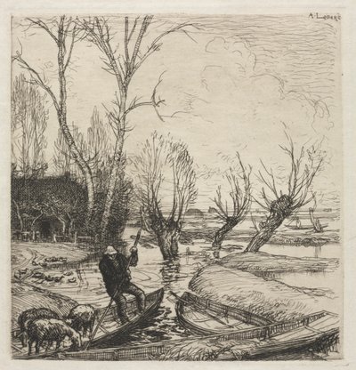 [Man i en båt med tre får] av Auguste Louis Lepère
