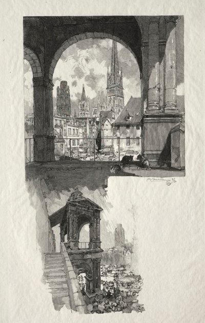 Illustrerad Rouen: Place de la Haute Vieille Tour, Edicule de la Fierte, 1896. av Auguste Louis Lepère