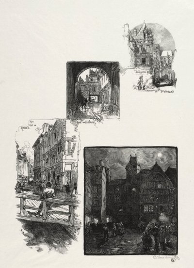 Illustrerad Rouen: Rue des Charretes; Halage Street; Rue Eau de Robec; Konsttorget av Auguste Louis Lepère