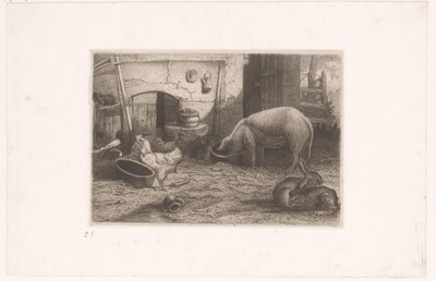 Gris, höns och kaniner i en lada av Auguste Numans (attributed to)