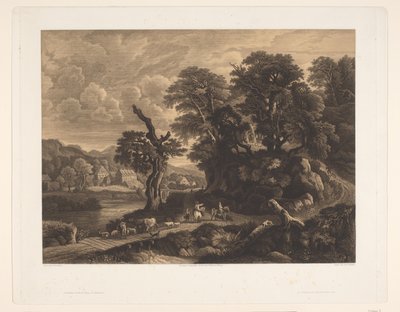 Landskap med djur och figurer på en väg längs en flod Figures et animaux (titel på objekt) av Auguste Numans