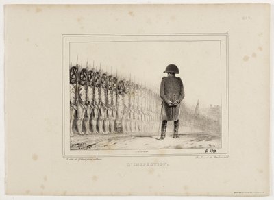 Litografialbum från 1833, nr 5: Inspektionen. av Auguste Raffet