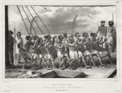 Houa-Houa-bukten, infödda som utför en dans ombord på Astrolabe (Nya Zeeland), [Uawa/Tolaga Bay, Natives Performing a Haka on Board the Astrolabe (New Zealand)] av Auguste Raffet