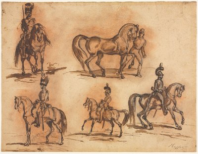 Fem ryttarstudier: kavallerier, mitten av 1800-talet. av Auguste Raffet