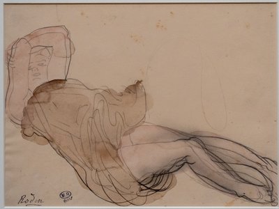 Kvinna liggande, halvnaken och med armarna korsade bakom huvudet av Auguste Rodin