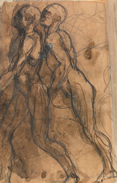 The Shades närmar sig Dante och Virgil (grafit, penna och mörk sepiatvätt på buff papper) av Auguste Rodin