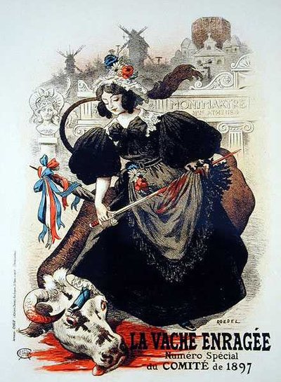 Reproduktion av en affisch med reklam för "The Mad Cow", ett specialnummer från 1897 års kommitté av Auguste Roedel