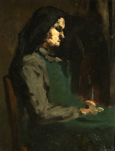 Kvinna med ett grönt förkläde (olja på kartong) av Auguste Theodule Ribot