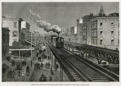 Dubbelspår av Airline Railway på Seventh Avenue, New York, New York. Edouard de Laveleye, 1878-1879, publicerad i Tour du monde, under ledning av Edouard Charton (1807-1890) av Auguste Victor Deroy